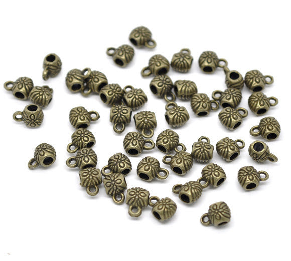 20 Antiqued Bronze Tone Pewter Filigree Pattern Tube Spacer Beads with Bail  .  9x6mm fba0045