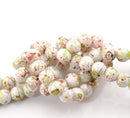 50 Round Glass Beads, white with rose, copper, lime green marbeling, marble pattern, 8mm bgl0676
