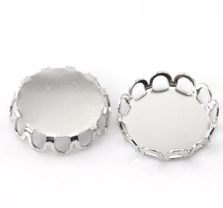 10 Silver Tone Metal Cabochon Bezels, filigree bezel tray setting frame, fits 12mm round cabochon, fin0028