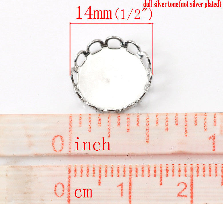 10 Silver Tone Metal Cabochon Bezels, filigree bezel tray setting frame, fits 12mm round cabochon, fin0028