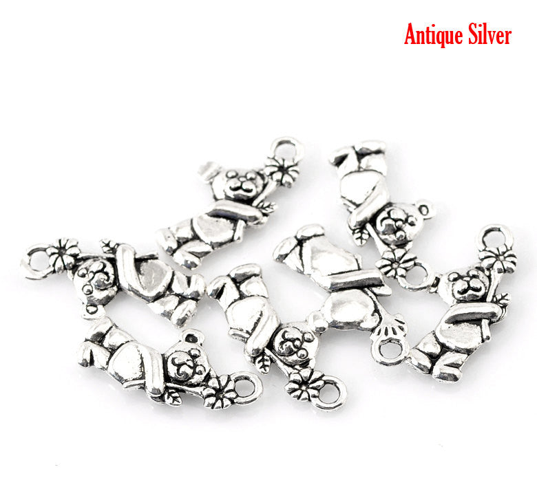 10 Silver Tone Metal Pewter TEDDY BEAR with Flower Charms . chs0797