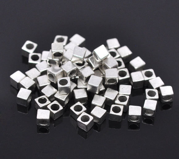 200 Bulk Package Silver Tone Metal CUBE Spacer Beads 4mm bme0113