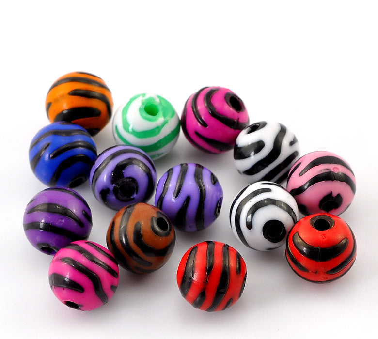 100 Mixed Colors Zebra Striped Round Acrylic Spacer Beads 12mm . bac0221
