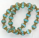 15 BLUE GREEN Carved TURBINE Czech Pressed Glass Beads . flying saucer 11x10mm bgl0754