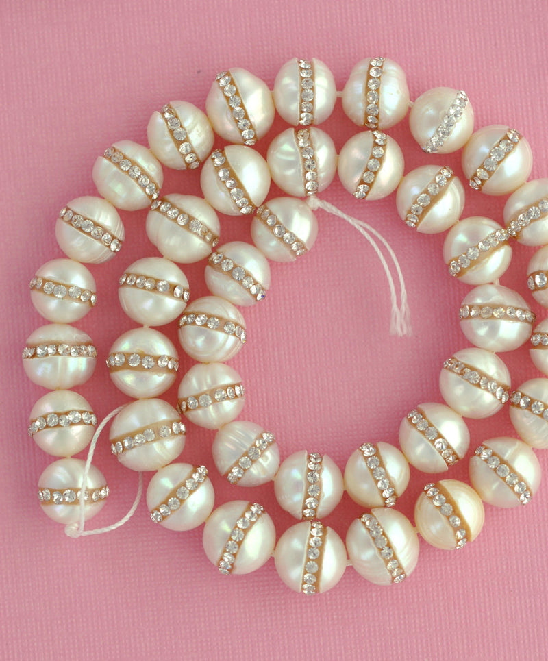 2 Large Freshwater Pearl Beads with Rhinestone Accents, wedding pearls . about 10mm  gpe0017