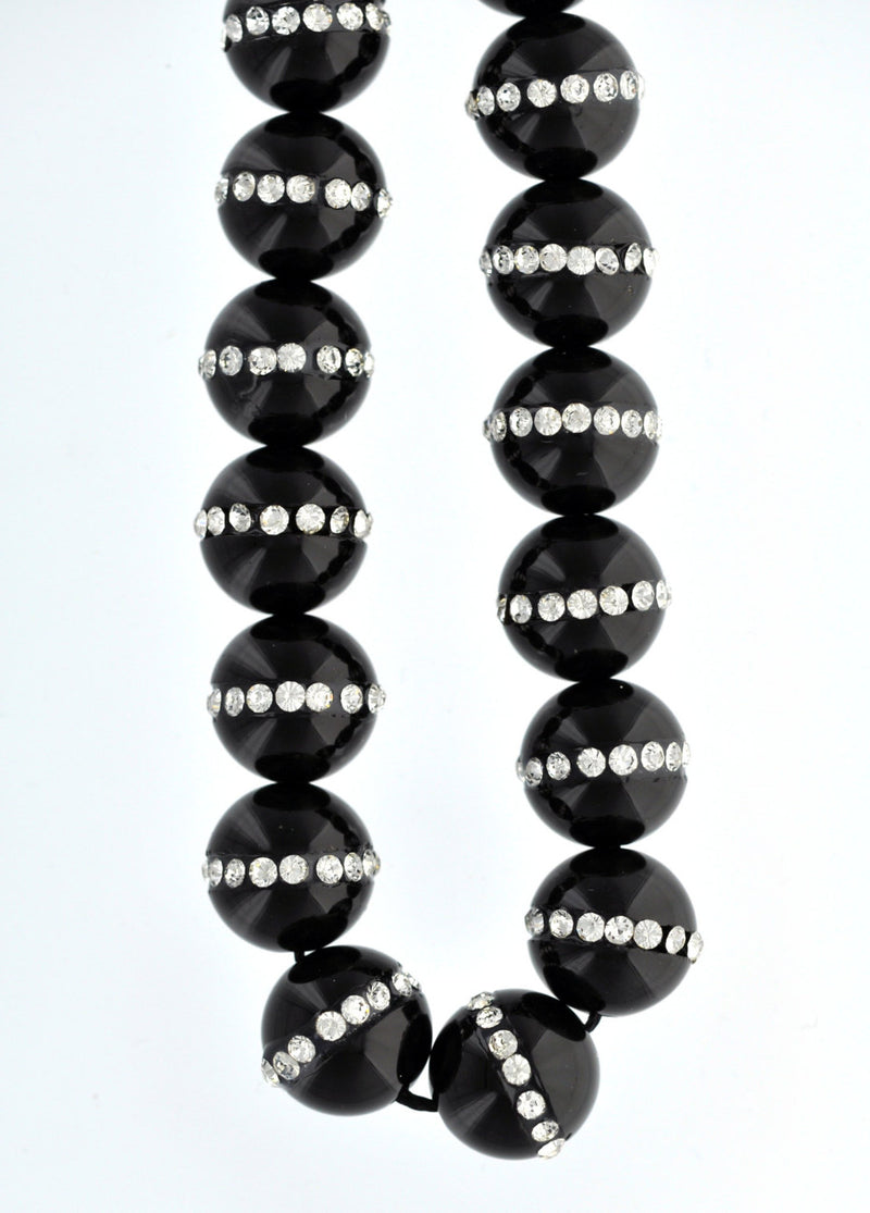 2 Large BLACK ONYX Beads with Rhinestone Accents, 14mm gon0015