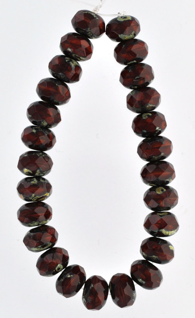 Deep RUBY RED PICASSO Faceted Rondelle Czech Glass Beads  8X6mm  bgl0758