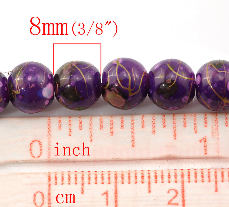 50 Round Glass Beads, purple with copper marbeling, marble pattern, 8mm  bgl0677
