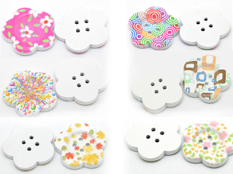 6 Large White Painted 4-Hole WOOD FLOWER BUTTONS . 1-1/2" but0154
