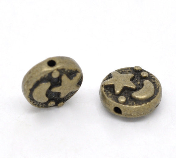 25 Antique BRONZE Tone Round Disc Charm Spacer Beads . MOON and STARS .  9mm  bme0173