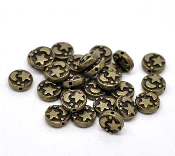 25 Antique BRONZE Tone Round Disc Charm Spacer Beads . MOON and STARS .  9mm  bme0173