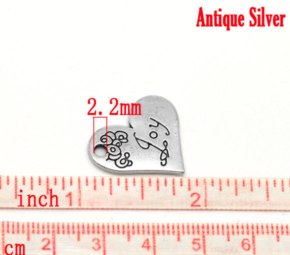 4 JOY Floral Heart Charm Pendants . stamped . chs1156