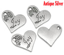 4 JOY Floral Heart Charm Pendants . stamped . chs1156