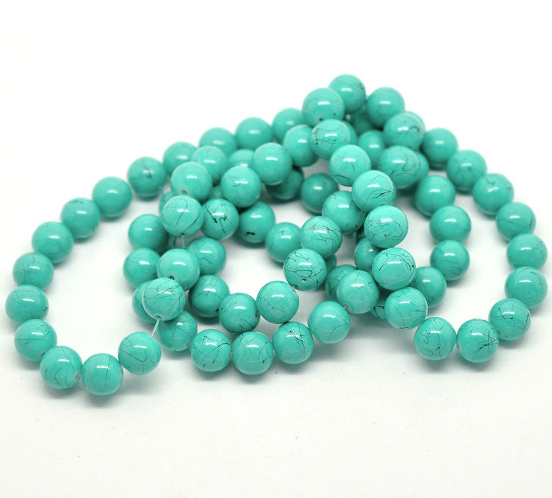40 Round Glass Beads, BLUE GREEN TURQUOISE with black marbeling, marble pattern, 10mm  bgl0294