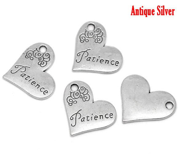 4 PATIENCE Floral Heart Charm Pendants . stamped . chs0860