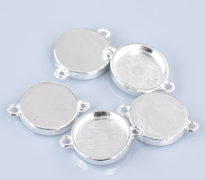 6 pieces BEZEL TRAY 2-Hole Connectors Round Silver Plated . Cabochon Setting 26x19mm (Fits 16mm round Dia) . Chs0014
