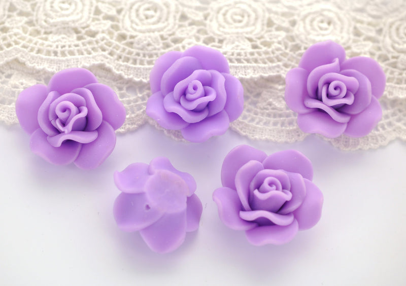 4 Medium LAVENDER PURPLE Polymer Clay Rose Flower Beads 30mm (about 1.25" x 0.5") pol0024