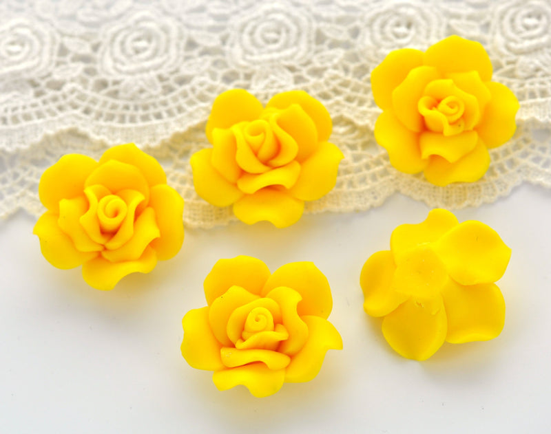 4 Medium LEMON YELLOW Polymer Clay Rose Flower Beads 30mm (about 1.25") pol0019