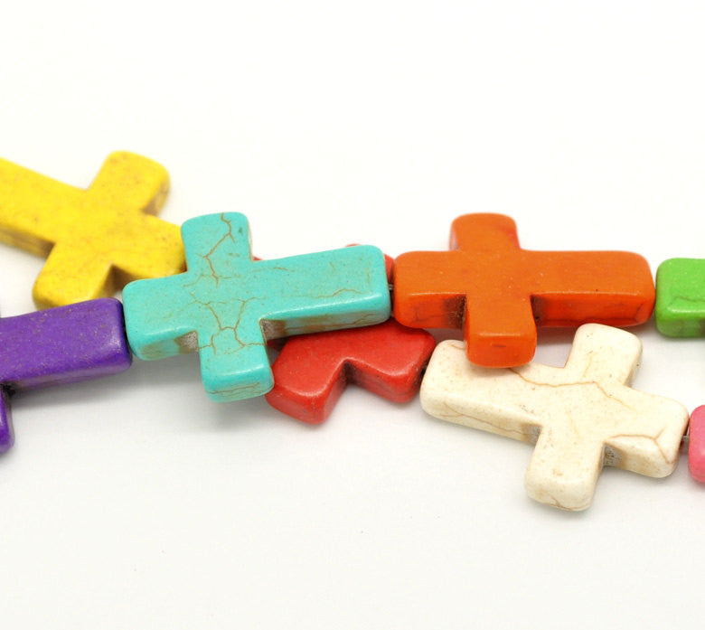 Howlite Stone Cross Beads . Mixed Bright Colors . Sideways Cross . 30mm x 20mm how0008