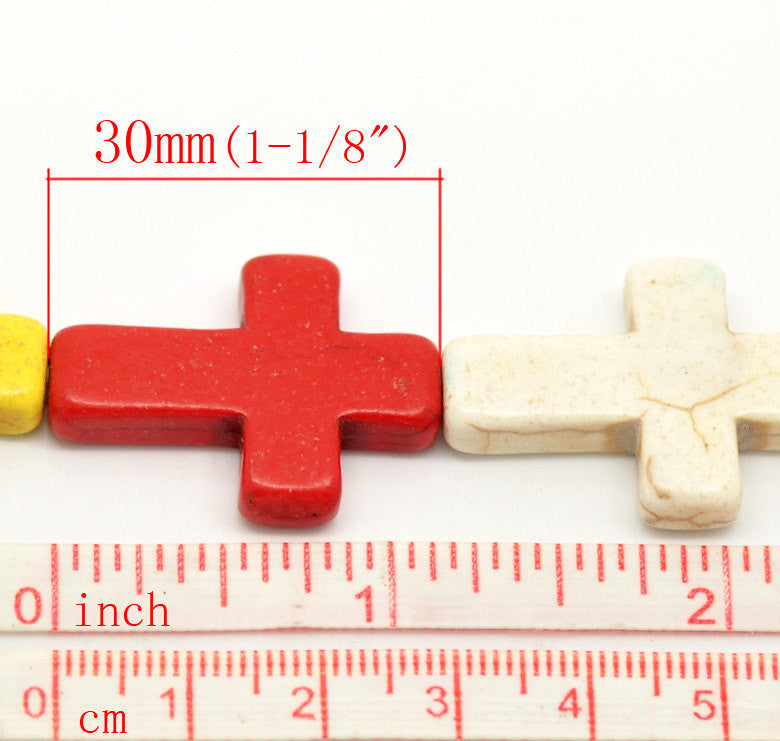 Howlite Stone Cross Beads . Mixed Bright Colors . Sideways Cross . 30mm x 20mm how0008