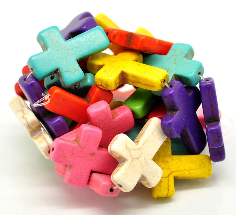 Howlite Stone Cross Beads . Mixed Bright Colors . Sideways Cross . 30mm x 20mm how0008