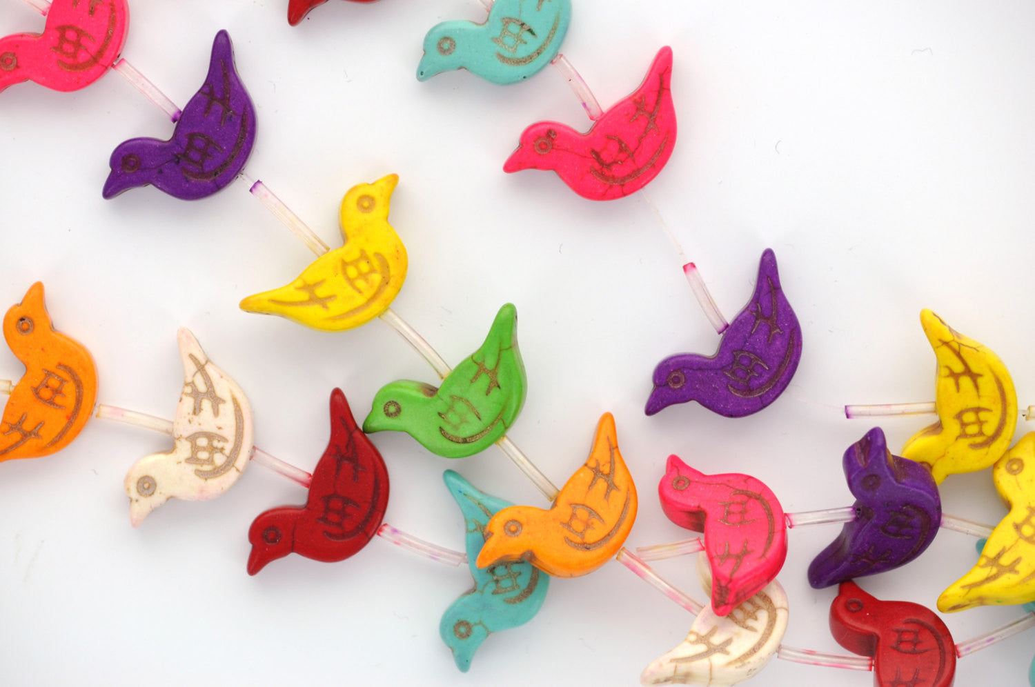 1 Strand Mixed Bright Colors Stone BIRDS Carved Beads, howlite, 18 bea