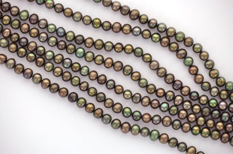 1 Strand 6mm Cultured Freshwater Round Potato Pearls . Emerald Green gpe0009