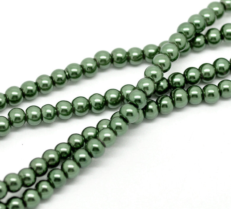 6mm PINE GREEN Round Glass Pearls . long 32" strand . about 145 beads bgl0414