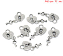 6 Antiqued Silver Tone Metal Moveable LOCK and KEY Heart Charm Pendants .  chs0004