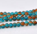 4mm Crackle Glass ORANGE and TURQUOISE TEAL Round Glass Beads . 32" strand . Bgl0299