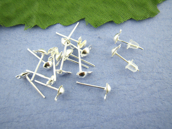 400 (200 Pair) Silver Plated Earring Post with Rubber Stoppers 12mm for pierced stud earrings . bulk package fin0045