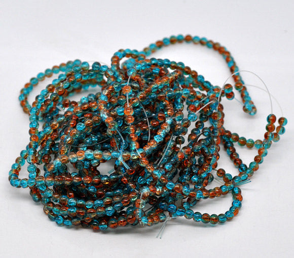 4mm Crackle Glass ORANGE and TURQUOISE TEAL Round Glass Beads . 32" strand . Bgl0299