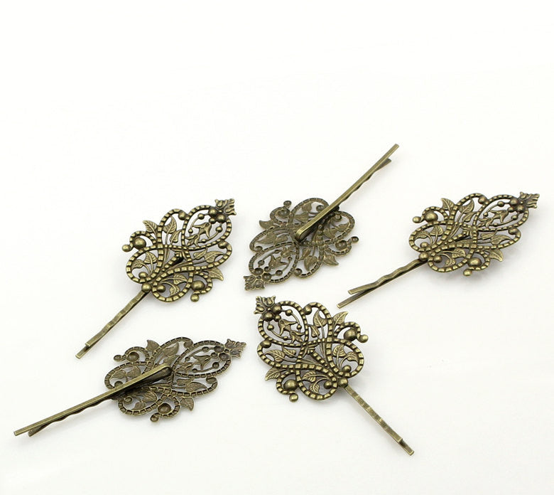 5 Large Antique Bronze Filigree Metal Bobby Pins, great for embellishing fin0053