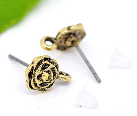 10 Antiqued Gold Tone ROSE French Hook Earrings Ear Wires (5 pairs) . shipped from USA . fin0274