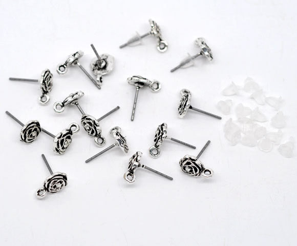 10 Antiqued Silver Tone ROSE French Hook Earrings Ear Wires (5 pairs)  fin0327