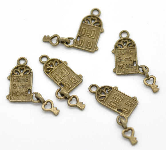 10 Antique Bronze HOME SWEET Home Door and Key Dangle Charm Pendants.  chb0098