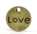 10 Antique Bronze Tone Metal LOVE and HEART Circle Charm Pendants 15mm.  Chb0055