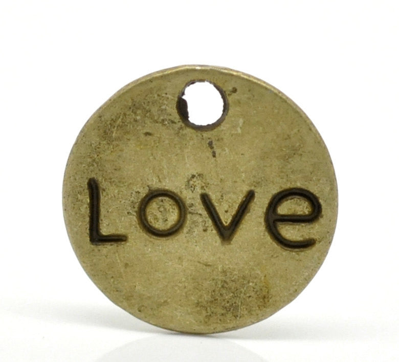 10 Antique Bronze Tone Metal LOVE and HEART Circle Charm Pendants 15mm.  Chb0055