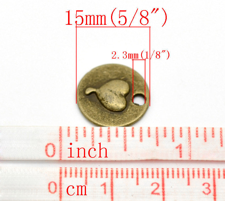 10 Antique Bronze Tone Metal LOVE and HEART Circle Charm Pendants 15mm.  Chb0055