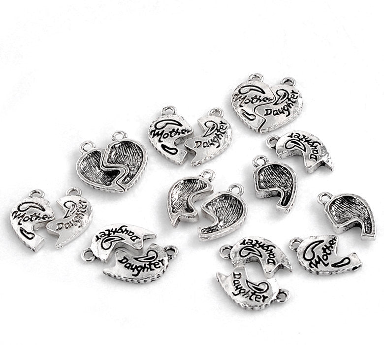 10 Sets bulk pkg Antiqued Silver Metal Pewter MOTHER DAUGHTER Charm Pendants . chs0988b
