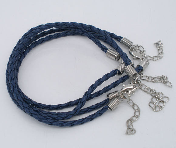 20 ROYAL BLUE Leatheroid Bracelet Braided Cords with Lobster Clasp . 8" long plus 2" extender chain fch0021