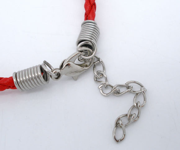 20 RED Leatheroid Bracelet Braided Cords with Lobster Clasp . 8" long plus 2" extender chain fch0020