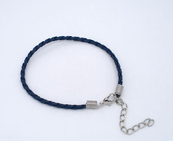 20 ROYAL BLUE Leatheroid Bracelet Braided Cords with Lobster Clasp . 8" long plus 2" extender chain fch0021