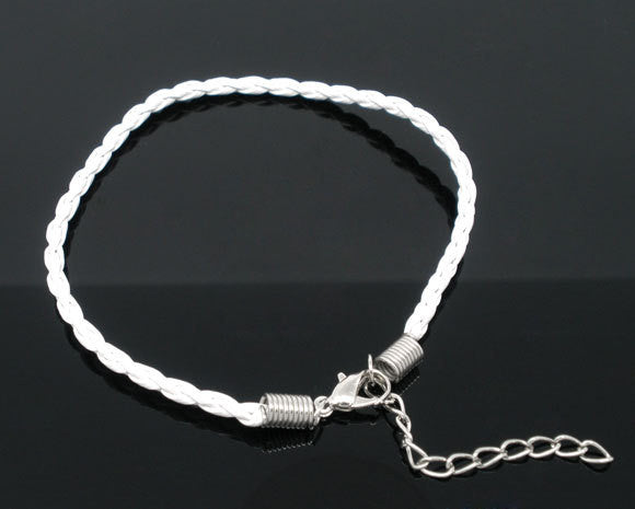 20 WHITE Leatheroid Bracelet Braided Cords with Lobster Clasp . 8" long plus 2" extender chain fch0022