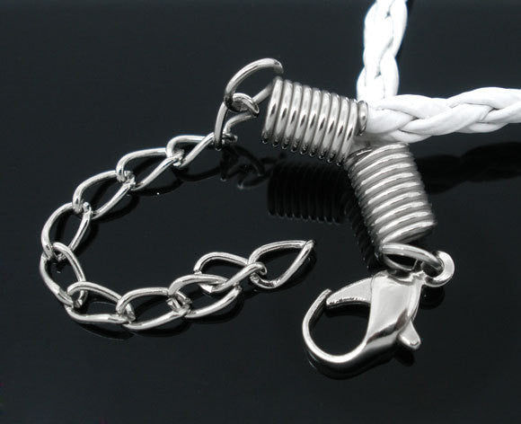 20 WHITE Leatheroid Bracelet Braided Cords with Lobster Clasp . 8" long plus 2" extender chain fch0022