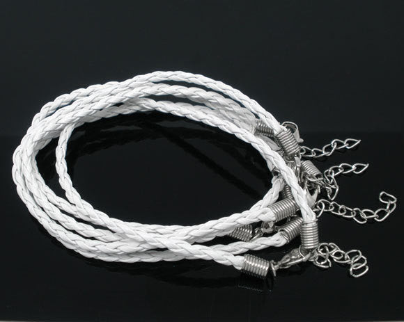 20 WHITE Leatheroid Bracelet Braided Cords with Lobster Clasp . 8" long plus 2" extender chain fch0022