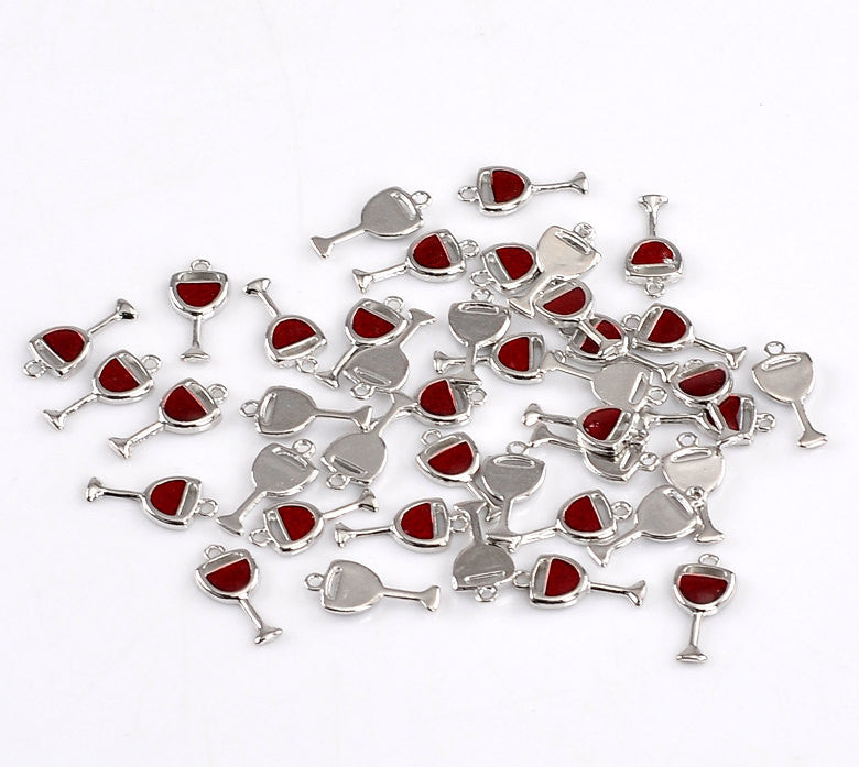 4 - Silver Tone Wine Cup Glass Charm Pendants 20x9mm  First Communion Eucharist . red enamel che0196