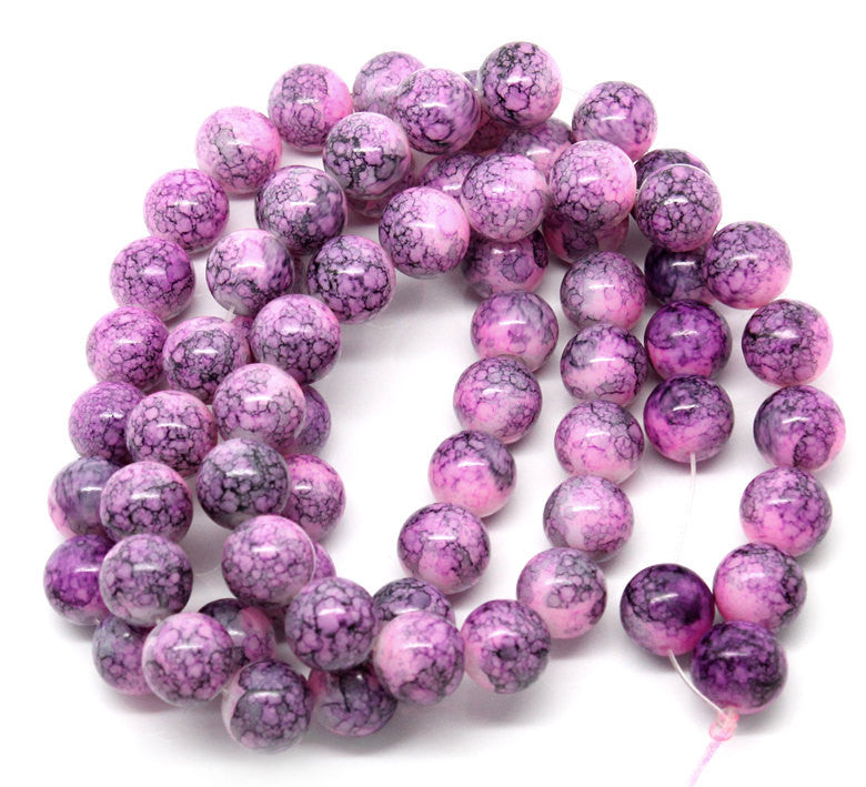 12mm HOT PINK with PURPLE Marble Pattern Round Glass Beads . 30 beads  bgl0262