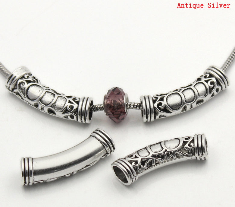 4 pcs. Antiqued Silver Tone Metal Filigree Tube Beads, about 1-5/8" long  bme0300
