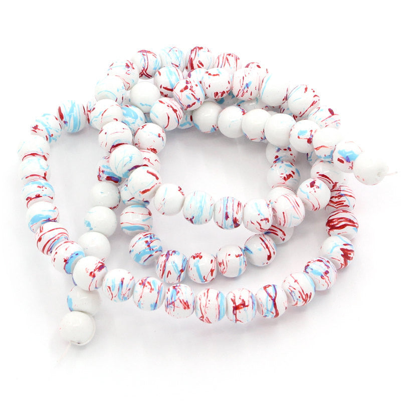 40 Round Glass Beads, white, blue, red marbeling, marble pattern, 10mm  bgl0685